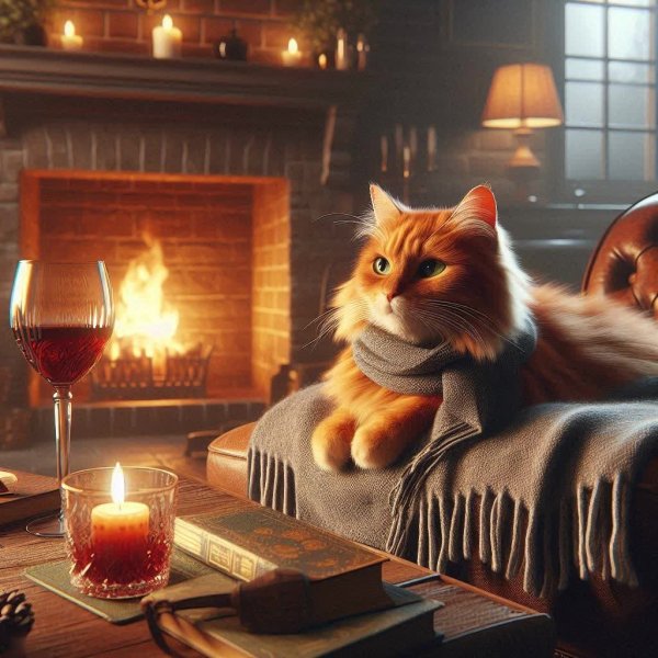 Уютный вечер: кошка, вино и тепло домашнего очага в цифровом искусстве. Картинка из нейронной сети Dalle-3