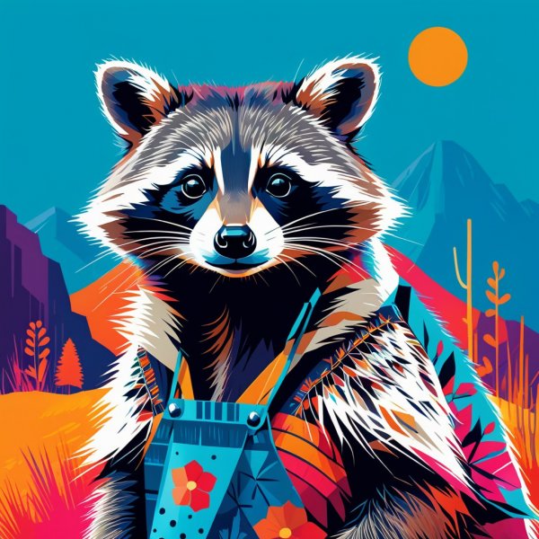 Рисованый енот в стиле ризографии: насыщенные цвета и графика Зин-культуры. Нейронная сеть Стейбл Дифьюжн