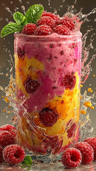 Яркий малиновый смузи с мятой: фотореалистичная энергия вкуса и цвета. Картинка из нейросети Midjourney