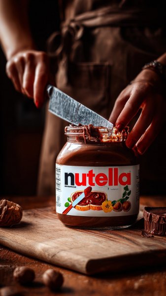 Разрезая Nutella: деликатное разрушение стеклянной банки на современной кухне. Изображение из нейросети Миджорни