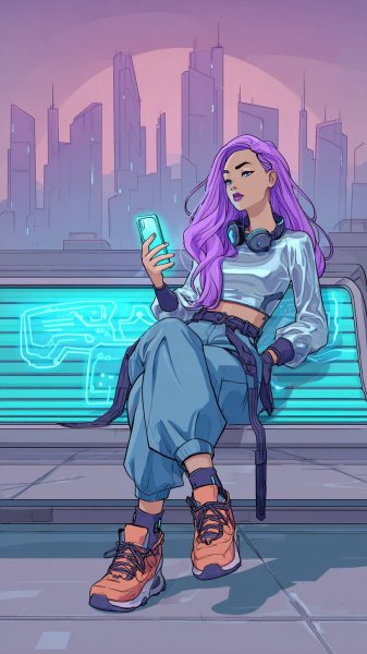 Неоновый город будущего и девушка с голографическим телефоном. Нейронная сеть Миджорни