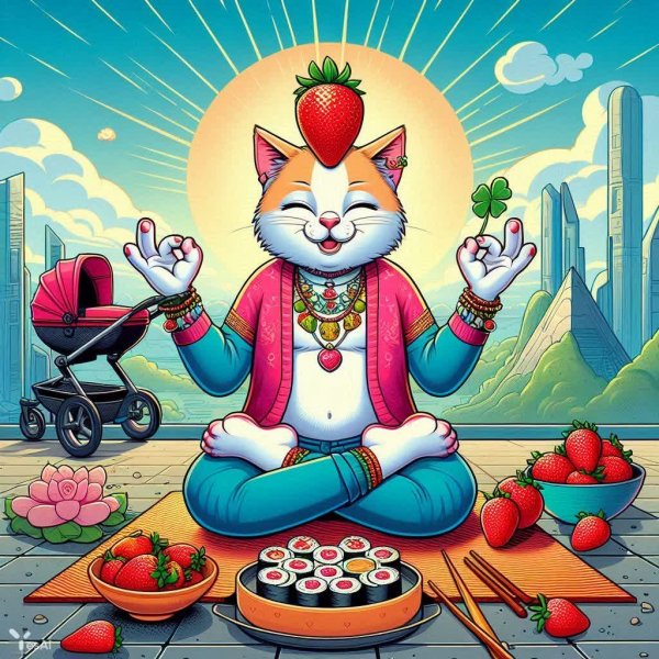 Клубничный пикник: котик, суши и счастливый взгляд в будущее. Нейронная сеть Dalle