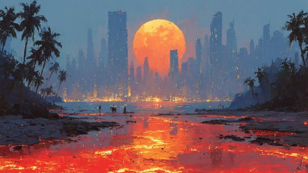 Неоновый город в тропическом оазисе: цифровое искусство будущего и огненный закат. Нейронная сеть Midjourney