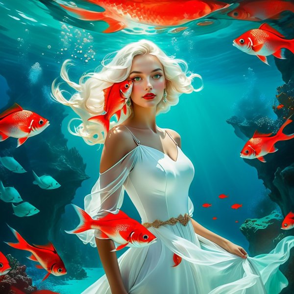 Подводная девушка в стиле Дали: изумрудное море и гигантская рыба. Картинка из нейронной сети Stable Diffusion