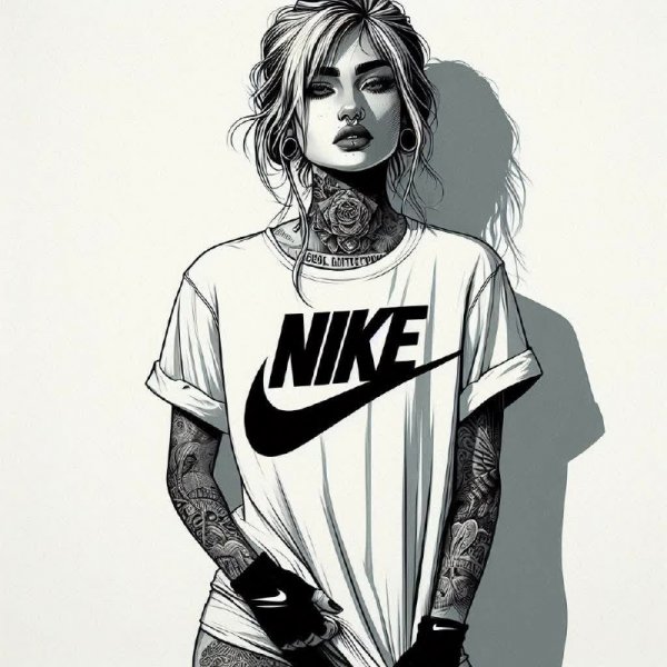 Модный образ: татуированная девушка в стиле гранж и футболке Nike. Изображение из нейронной сети Dalle