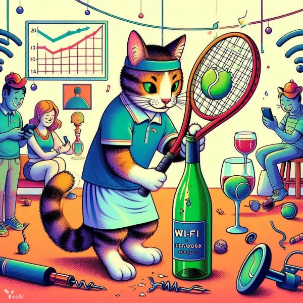 Теннис, Wi-Fi и безудержное веселье: празднование с кошачьим шармом. Нейронная сеть Dalle-3