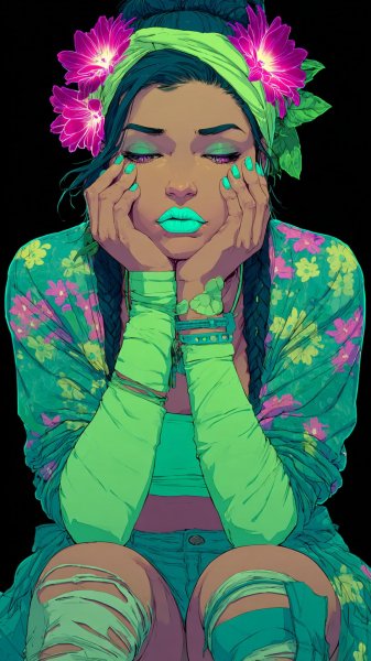 Неоновая красотка: ретро-эстетика и яркие акценты в стиле kawaii. Картинка из нейронной сети Миджорни