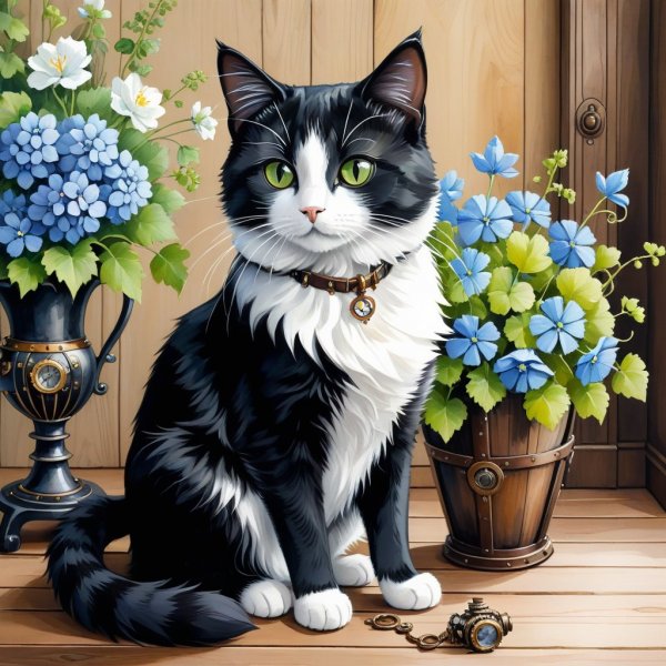 Весенний букет и кот: спокойствие в красках гоше и акварели. Генерация из нейронной сети Stable Diffusion
