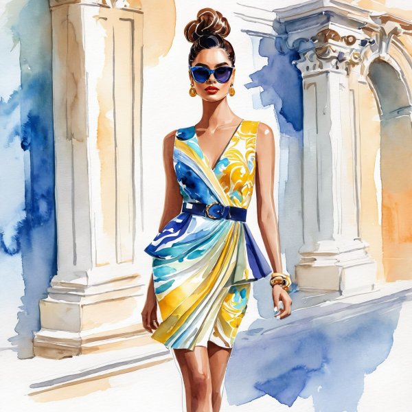 Современная женственность: сплав Versace и Issey Miyake в акварельном стиле. Изображение из нейросети Stable Diffusion