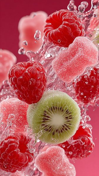 Взрыв вкуса: фотореалистичные сладости и фрукты в молочном фонтане. Нейросеть Midjourney