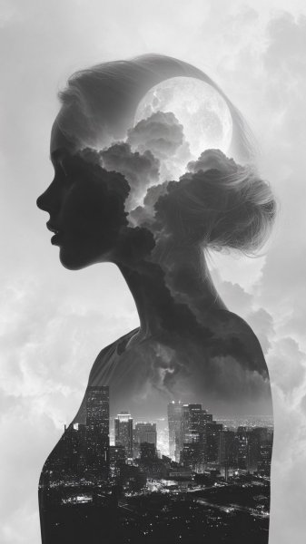 Женщина и луна: сюрреалистичная черно-белая ностальгия большого города. Изображение из нейронной сети Midjourney