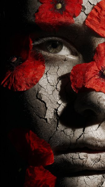 Лицо из земли и маки: сюрреалистичный портрет в стиле модерн. Генерация из нейросети Миджорни