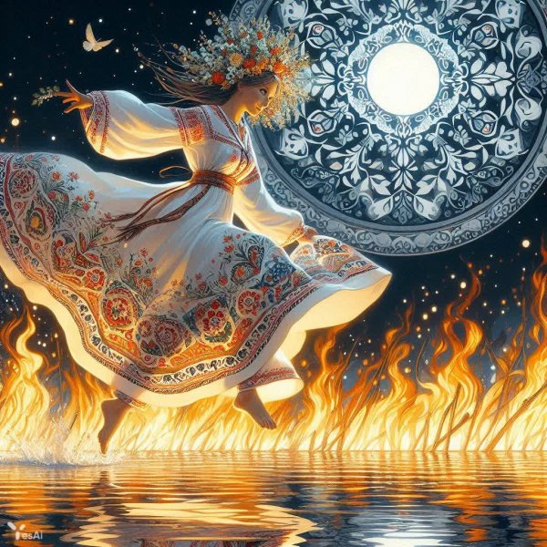 Ночная сказка Ивана Купалы: Прыжок сквозь огонь и речные отражения. Нейросеть Dalle 3