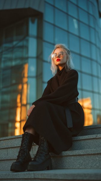 Хулиганка в черном пальто: фото пленкой на закате в стиле fashio. Картинка из нейросети Midjourney