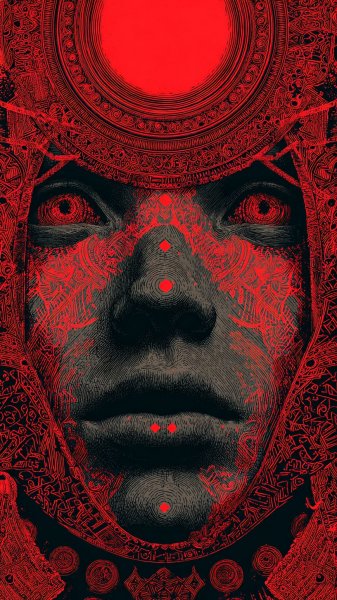 Лицо в тени: тайна красного круга и индустриальный мотив. Генерация из нейронной сети Миджорни