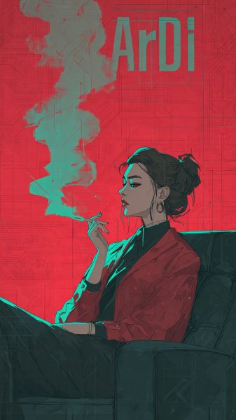 Загадочный взгляд: иллюстрация в красных тонах с надписью Ardi и девушкой в стильном образе. Генерация из нейросети Midjourney