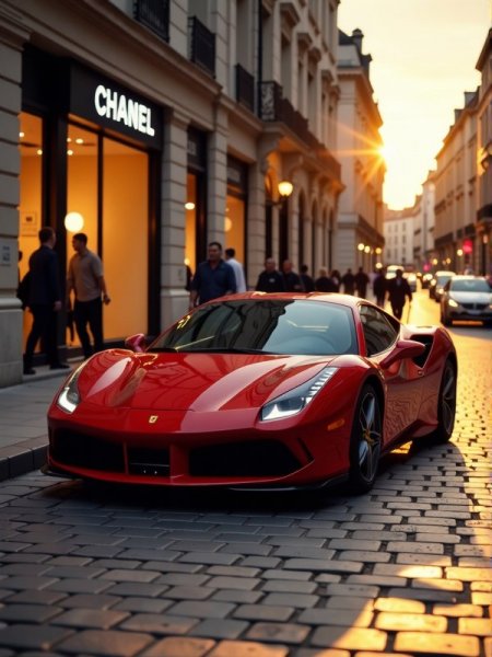Красный Ferrari и Chanel: закат на европейской улице в высоком разрешении. Картинка из нейросети Flux.1