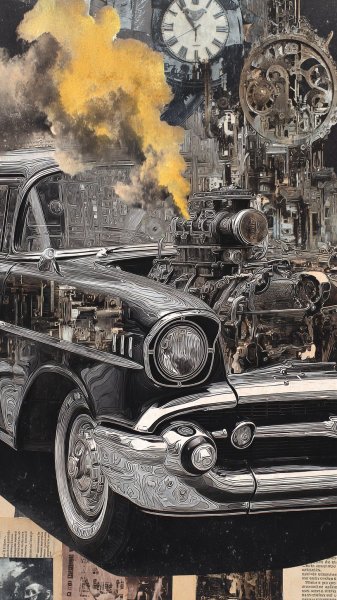 Ретро киберпанк: американская машина времени и коллаж из газетных страниц. Нейросеть Миджорни