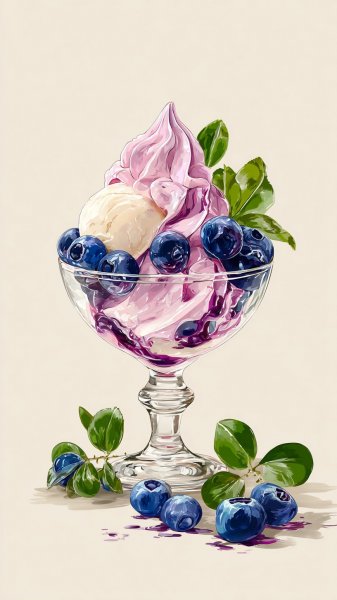 Ягодный десерт в хрустальной чаше: акварельное вдохновение и свежесть вкуса. Изображение из нейронной сети Midjourney