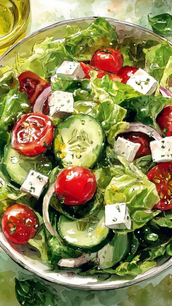 Свежий салат: акварельная иллюстрация вкуса и здоровья. Изображение из нейронной сети Миджорни