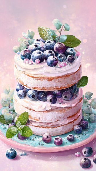 Нежный торт с клубникой и черникой в акварельной иллюстрации. Картинка из нейронной сети Midjourney