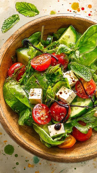 Свежий салат: яркий микс красками и вкусом в акварели. Генерация из нейросети Midjourney