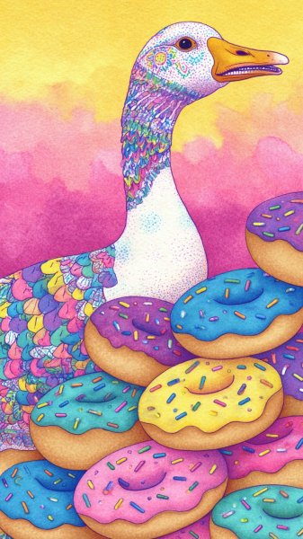 Веселая гусыня с татуировками и мечтательные пончики: яркий иллюстративный праздник. Нейронная сеть Midjourney