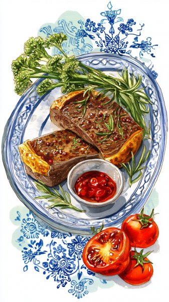 Яркий пирог с овощами и соусом в стиле хохломы. Изображение из нейросети Миджорни