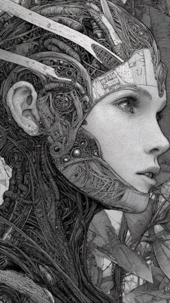 Кибернетическая нимфа: биомеханика и природа в монохромном изображении. Изображение из нейронной сети Midjourney