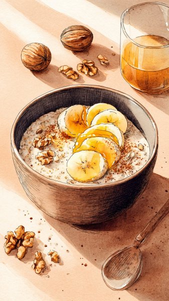 Уютная овсянка с бананами и медом: акварельный натюрморт для вдохновения. Генерация из нейросети Миджорни