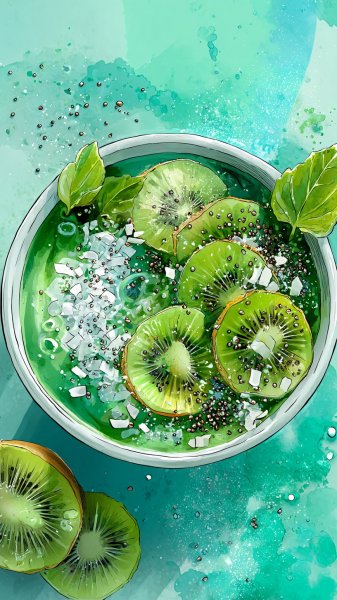 Яркий смузи-боул: акварельная свежесть и здоровое наслаждение вкусом. Нейросеть Миджорни