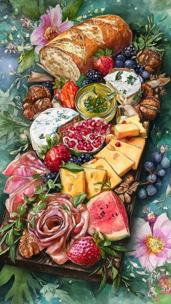 Изысканная мясная тарелка в акварельной живописи: утонченная красота вкуса и атмосферы. Изображение из нейронной сети Midjourney