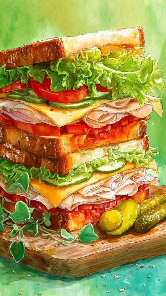 Сэндвич акварелью: деревенский обед с индейкой и овощами. Изображение из нейросети Миджорни