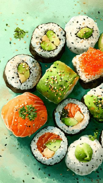 Изысканные суши: акварельная феерия вкуса и цвета. Изображение из нейросети Миджорни