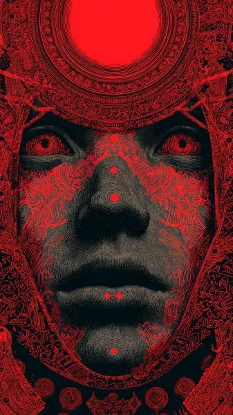 Лицо в тени: тайна красного круга и индустриальный мотив. Генерация из нейронной сети Миджорни