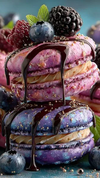 Фиолетовые макаруны с ягодами: яркий контраст текстур и вкусов в фотореалистичной съемке. Картинка из нейронной сети Midjourney