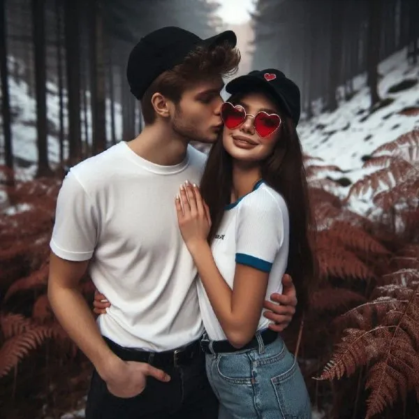 Нежная любовь в зимнем лесу: фотореалистичный портрет молодой пары. Изображение из нейросети Далли 3