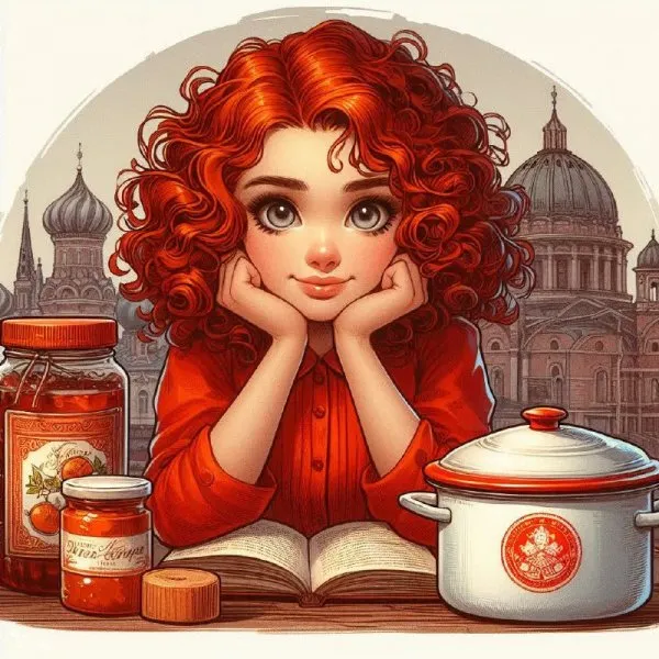 Рыжая мечтательница: варенье, паста и старинная книга на фоне двух столиц. Картинка из нейросети Dalle