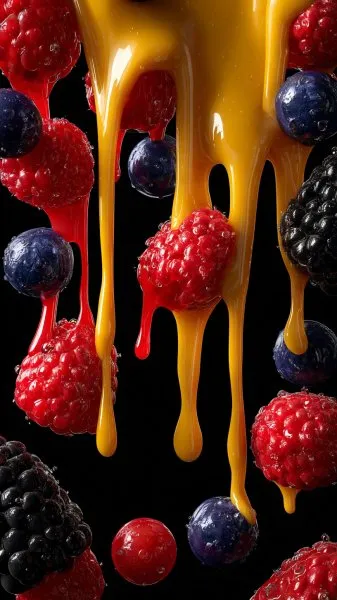 Яркие фруктовые льды с тянущимся сиропом и сочными ягодами на черном фоне в высоком разрешении. Изображение из нейросети Миджорни