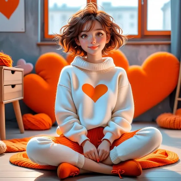 Девушка и котик: нежная иллюстрация в стиле мультфильма. Изображение из нейронной сети Стейбл Дифьюжен