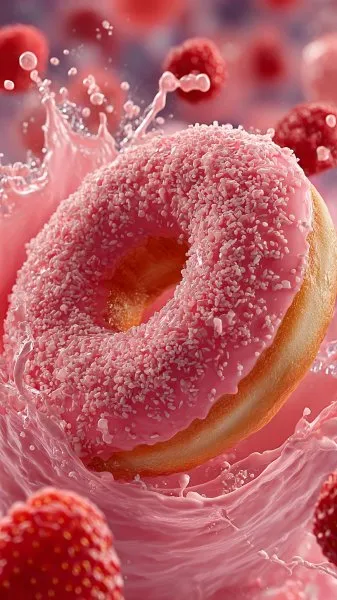 Яркий донат в молочном вихре: взрыв вкуса и свежести в деталях фотореализма. Генерация из нейросети Midjourney