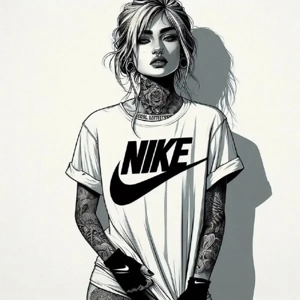Модный образ: татуированная девушка в стиле гранж и футболке Nike. Изображение из нейронной сети Dalle