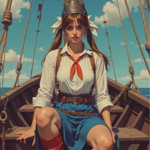 Пионерка на лодке: фотореализм и идеальная симметрия в деталях. Нейросеть Flux 1