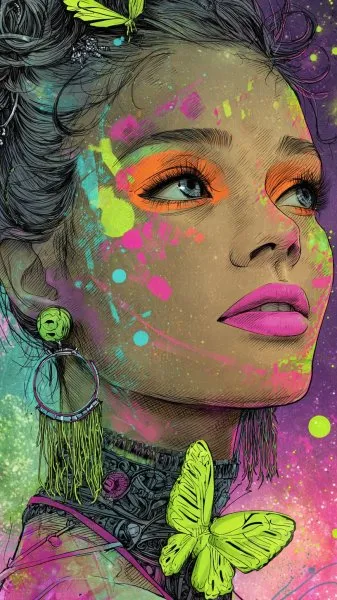 Яркая нимфочка: неоновый макияж и крылья бабочки в чернилах. Нейронная сеть Миджорни