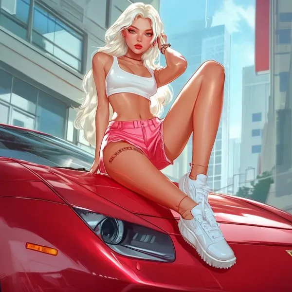 Стильная красотка на Ferrari: смелый образ в городском стиле. Изображение из нейросети Midjourney