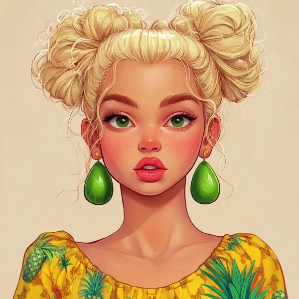 Яркая цифровая иллюстрация: игривая кукла сpineappleтопом и весёлым настроением. Нейросеть Midjourney