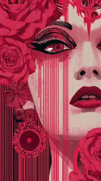 Яркий портрет в стиле сюрреализма: розы, макияж и неоновый фон. Картинка из нейросети Миджорни