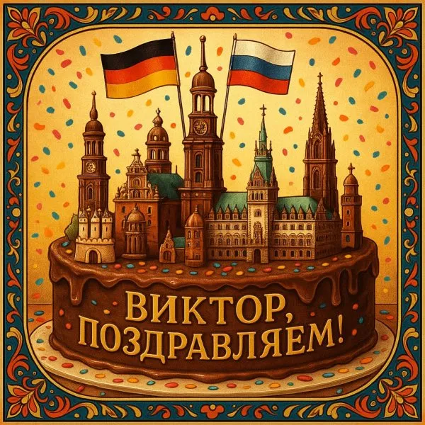 Шоколадный торт Гамбург: сладкие поздравления Виктору с праздничным настроением. Картинка из нейросети Sora