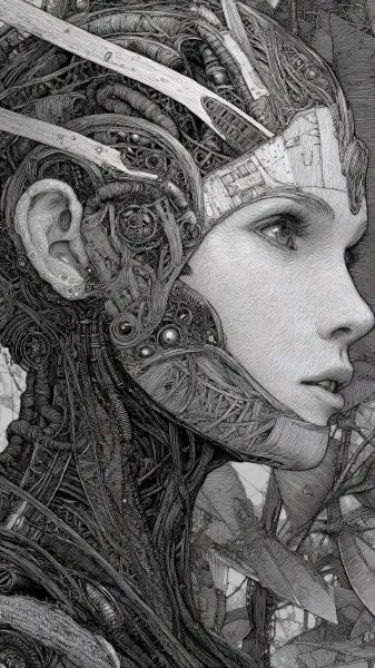 Кибернетическая нимфа: биомеханика и природа в монохромном изображении. Изображение из нейронной сети Midjourney