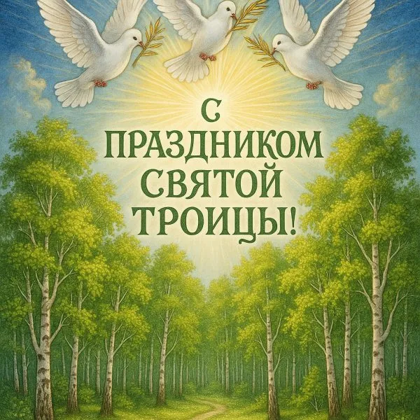 Светлая радость Троицы: небесные голуби и берёзовая роща. Картинка из нейронной сети Sora Images